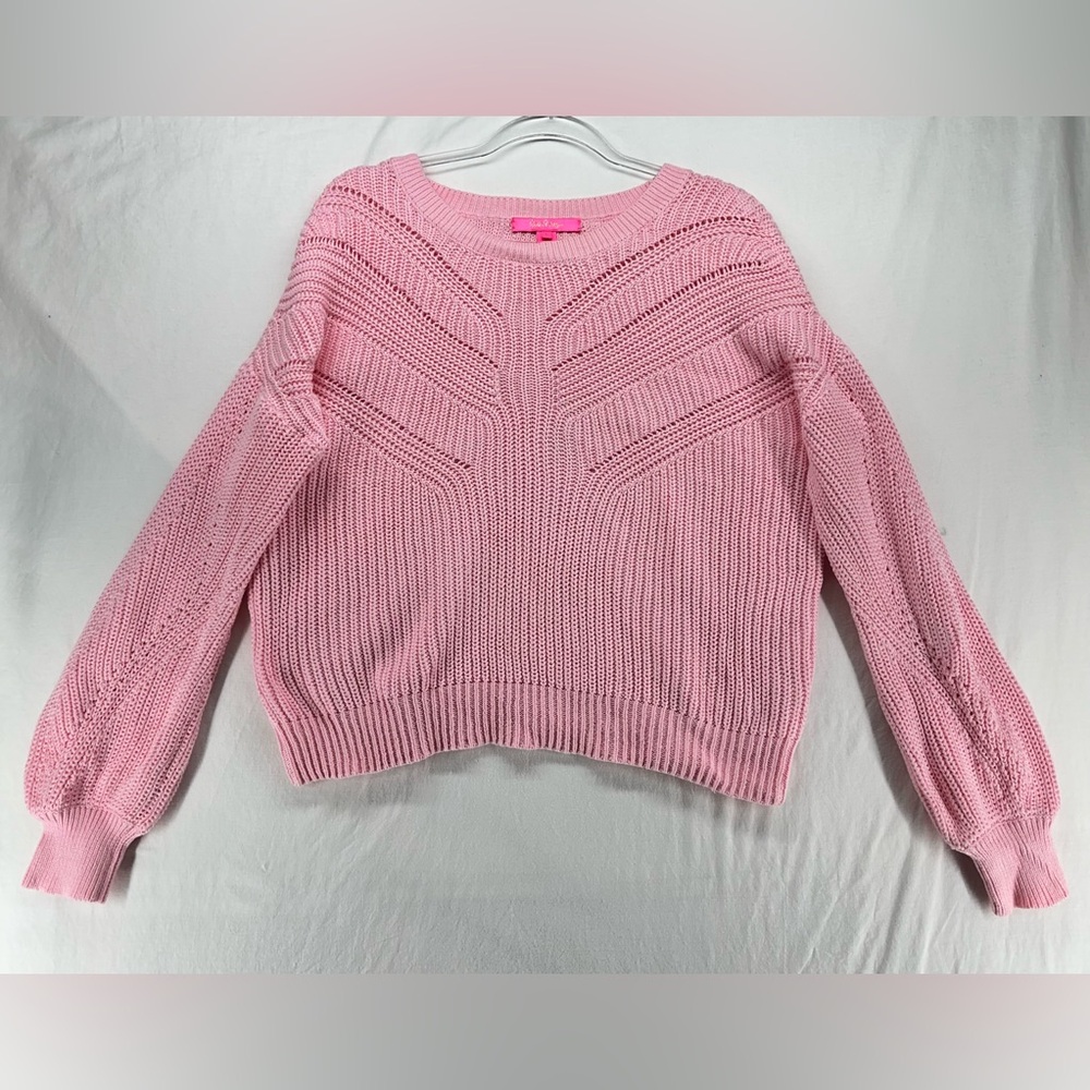 Lilly Pulitzer Bristow Sweater Pink Pullover‎ Crewneck Open Knit Womens Size L